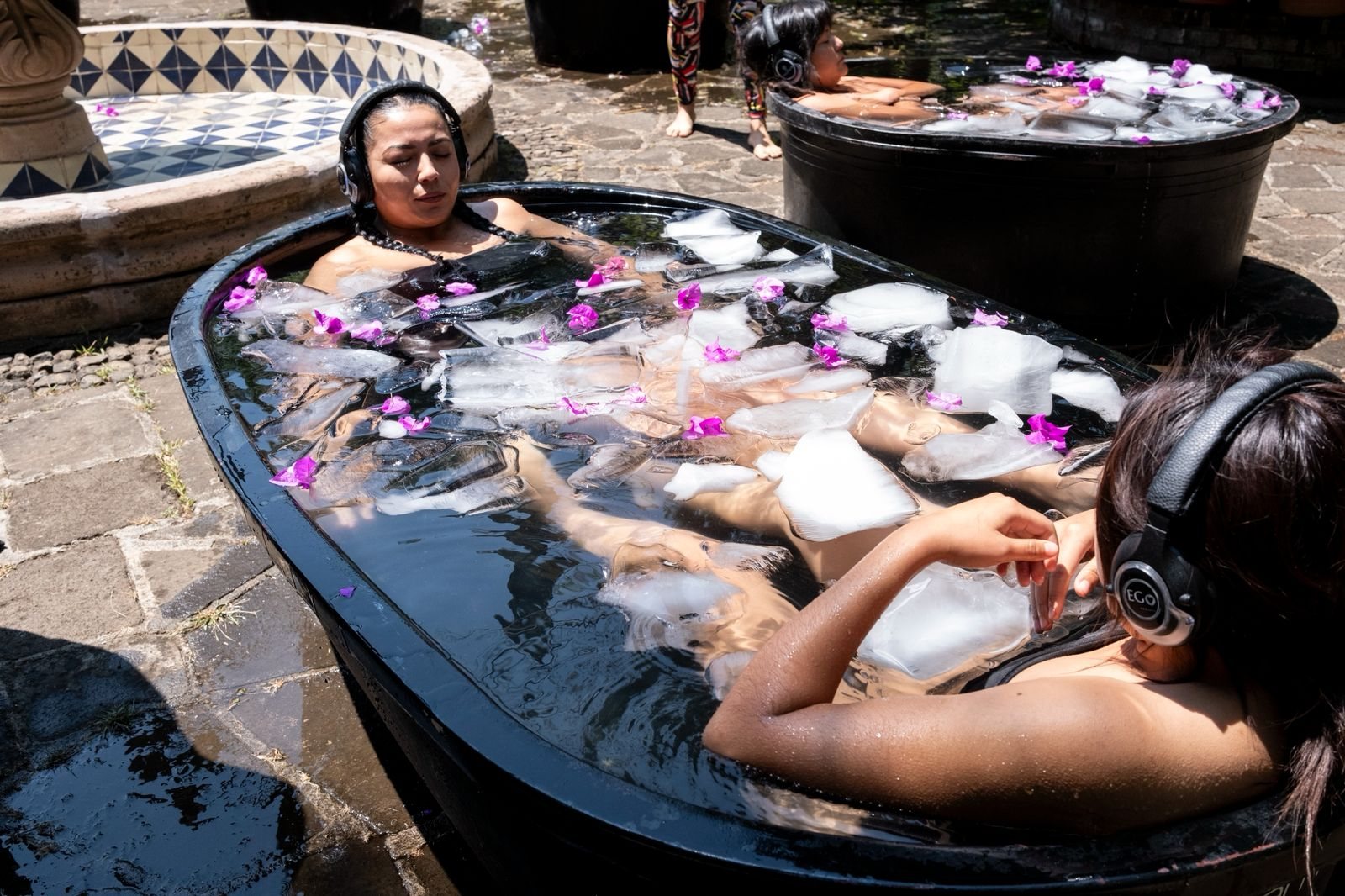 Tinas de hielo con flores para la inmersión compartida